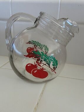 1950s Anchor Hocking Tilt Ball Juice Pitcher With Tomato Motif